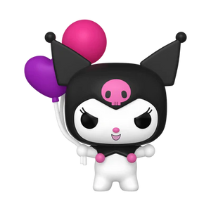 Funko POP! Kuromi #85 Kuromi (with Balloons) fora da embalagem, mostrando Kuromi com traje preto e rosa, segurando um balão roxo e um balão rosa, em uma pose adorável e travessa.