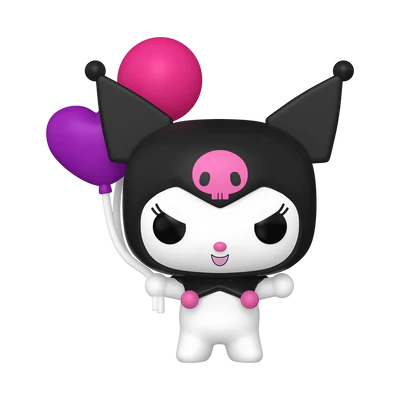 Funko POP! Kuromi #85 Kuromi (with Balloons) fora da embalagem, mostrando Kuromi com traje preto e rosa, segurando um balão roxo e um balão rosa, em uma pose adorável e travessa.