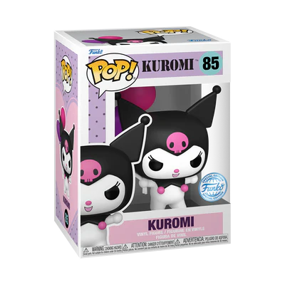 Funko POP! Kuromi #85 Kuromi (with Balloons) na embalagem original, destacando a figura de Kuromi segurando balões coloridos, com o logotipo de Funko POP! e detalhes visíveis através da janela de plástico transparente.