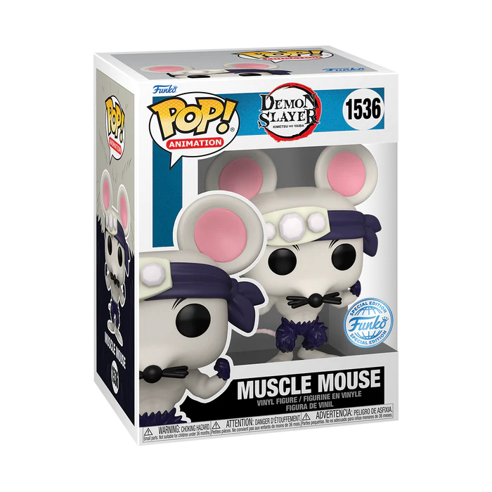 Funko POP! Demon Slayer #1536 Muscle Mouse Exclusivo na embalagem original, destacando a figura de Muscle Mouse com detalhes autênticos, visíveis através de uma janela de plástico transparente.