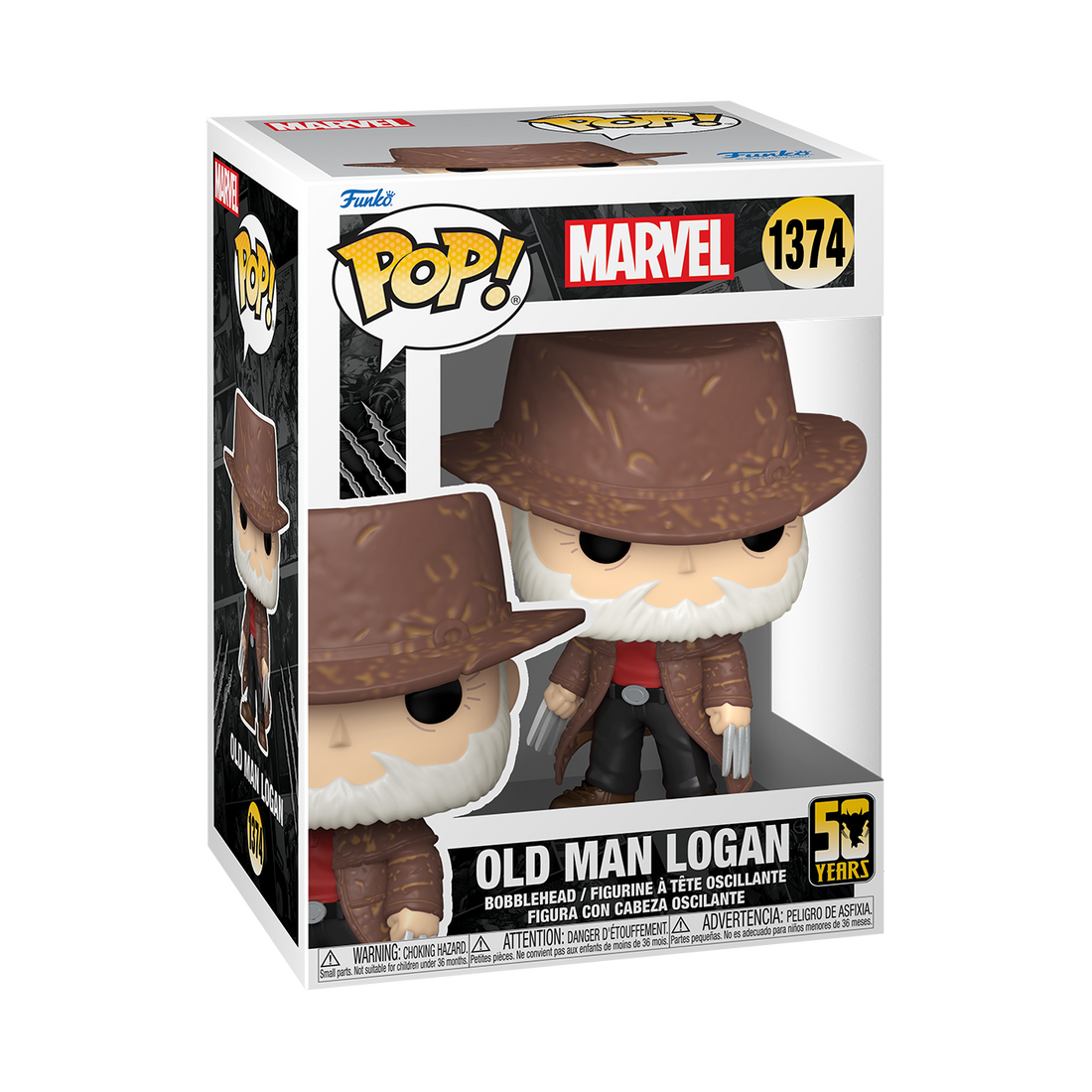 Funko POP! Marvel Wolverine 50 Years #1374 Old Man Logan na embalagem original, destacando a figura de Old Man Logan com garras e expressão determinada, visíveis através de uma janela de plástico transparente.