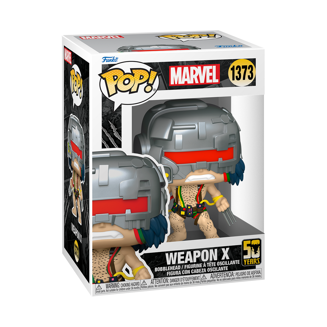 Funko POP! Marvel Wolverine 50 Years #1373 Weapon X na embalagem original, destacando a figura de Weapon X com trajes de laboratório e garras de adamantium, visíveis através de uma janela de plástico transparente.