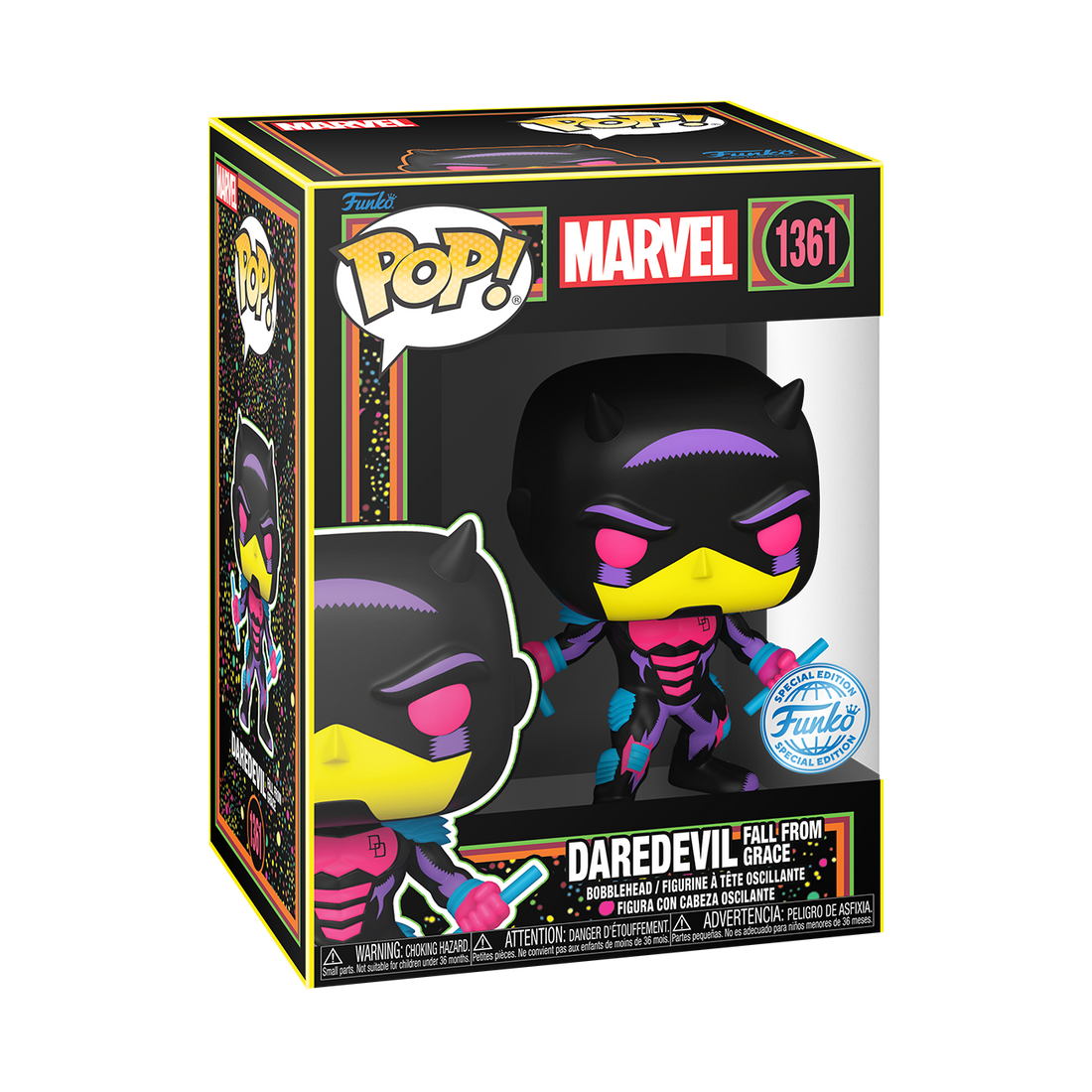 Funko POP! Marvel #1361 Daredevil Fall From Grace Black Light Exclusivo na embalagem original, destacando a figura de Daredevil com efeitos de luz negra, visíveis através de uma janela de plástico transparente.