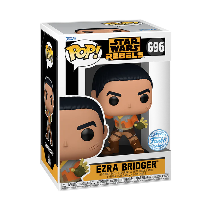 Funko POP! Star Wars Rebels #696 Ezra Bridger Exclusivo na embalagem original, destacando a figura de Ezra Bridger com detalhes autênticos, visíveis através de uma janela de plástico transparente.