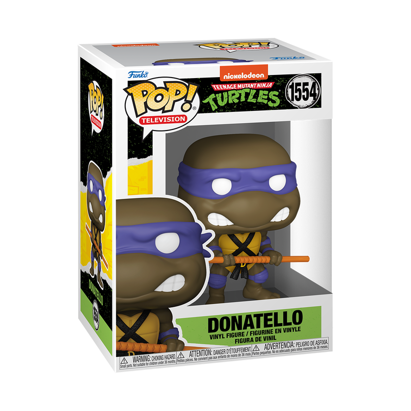 Funko POP! Teenage Mutant Ninja Turtles #1555 Donatello na embalagem original, destacando a figura de Donatello com bastão e faixa roxa, visíveis através de uma janela de plástico transparente.