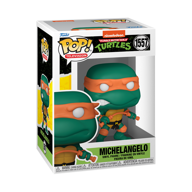 Funko POP! Teenage Mutant Ninja Turtles #1556 Michelangelo na embalagem original, destacando a figura de Michelangelo com nunchakus e faixa laranja, visíveis através de uma janela de plástico transparente.