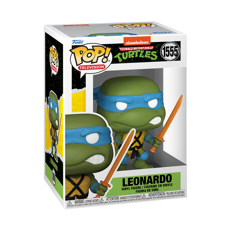 Funko POP! Teenage Mutant Ninja Turtles #1554 Leonardo na embalagem original, destacando a figura de Leonardo com espadas e faixa azul, visíveis através de uma janela de plástico transparente.