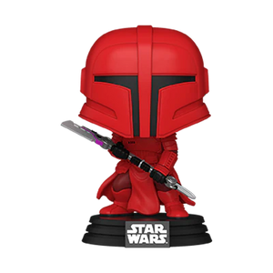 Funko POP! Star Wars: The Mandalorian #715 Praetorian Guard fora da embalagem, exibindo o guarda em detalhes vívidos com armadura vermelha e armas, em uma pose dinâmica de prontidão para a batalha.