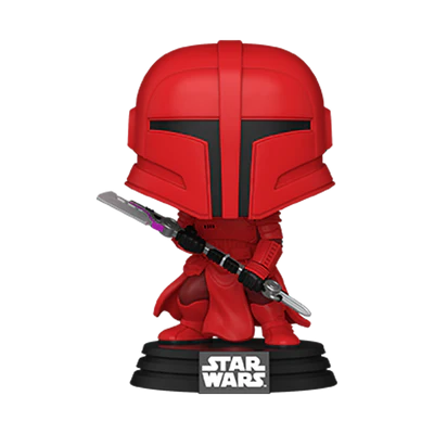 Funko POP! Star Wars: The Mandalorian #715 Praetorian Guard fora da embalagem, exibindo o guarda em detalhes vívidos com armadura vermelha e armas, em uma pose dinâmica de prontidão para a batalha.