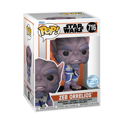 Funko POP! Star Wars: The Mandalorian #715 Zeb Orrelios dentro da embalagem original, mostrando a figura com pele púrpura e traje de combate azul e branco, visível através de uma janela de plástico transparente, sobre uma base preta com o logotipo de Star Wars.
