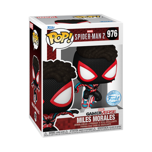 Funko POP! Marvel Spider-Man 2 #976 Miles Morales (Evolved Suit) na embalagem original, destacando a figura de Miles Morales com o traje evoluído, visíveis através de uma janela de plástico transparente.