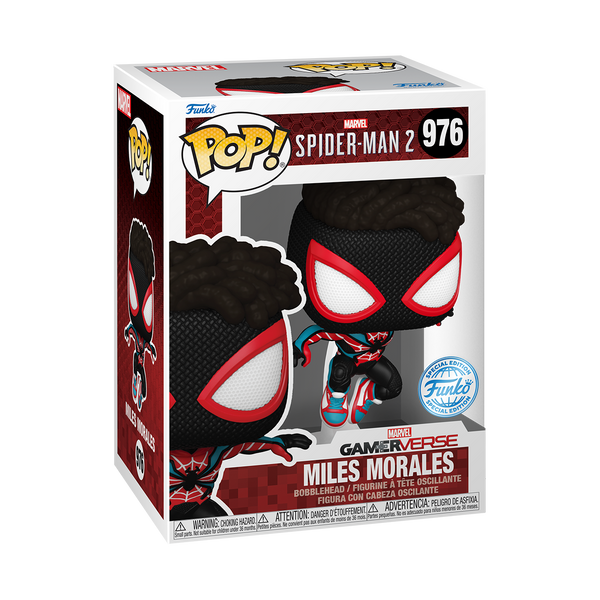 Funko POP! Marvel Spider-Man 2 #976 Miles Morales (Evolved Suit) na embalagem original, destacando a figura de Miles Morales com o traje evoluído, visíveis através de uma janela de plástico transparente.