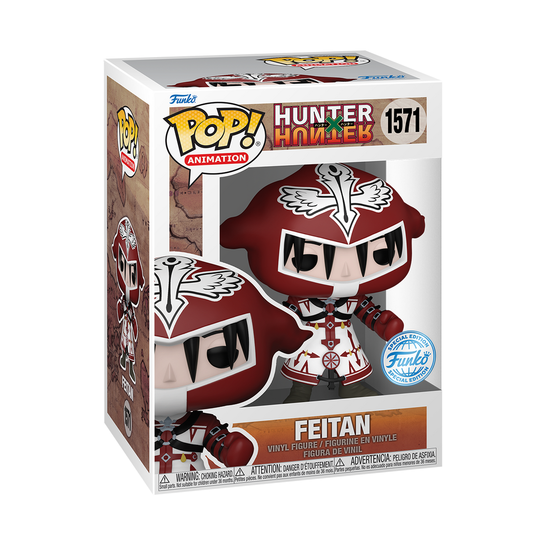 Funko POP! Hunter x Hunter #1571 Feitan Exclusivo na embalagem original, destacando a figura de Feitan com detalhes autênticos, visíveis através de uma janela de plástico transparente.