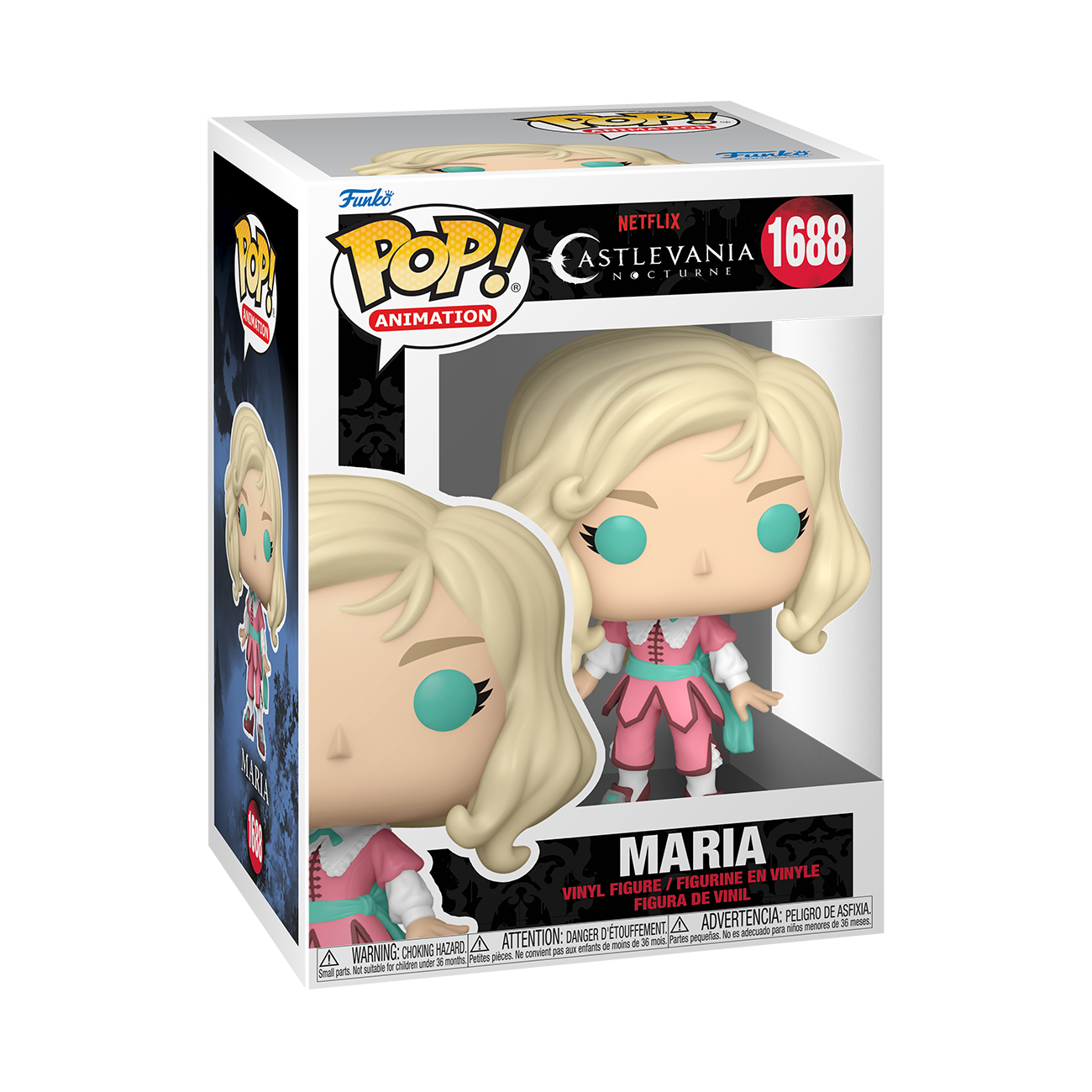 Funko POP! Castlevania: Nocturne #1688 Maria Exclusivo na embalagem original, destacando a figura de Maria com detalhes autênticos, visíveis através de uma janela de plástico transparente.