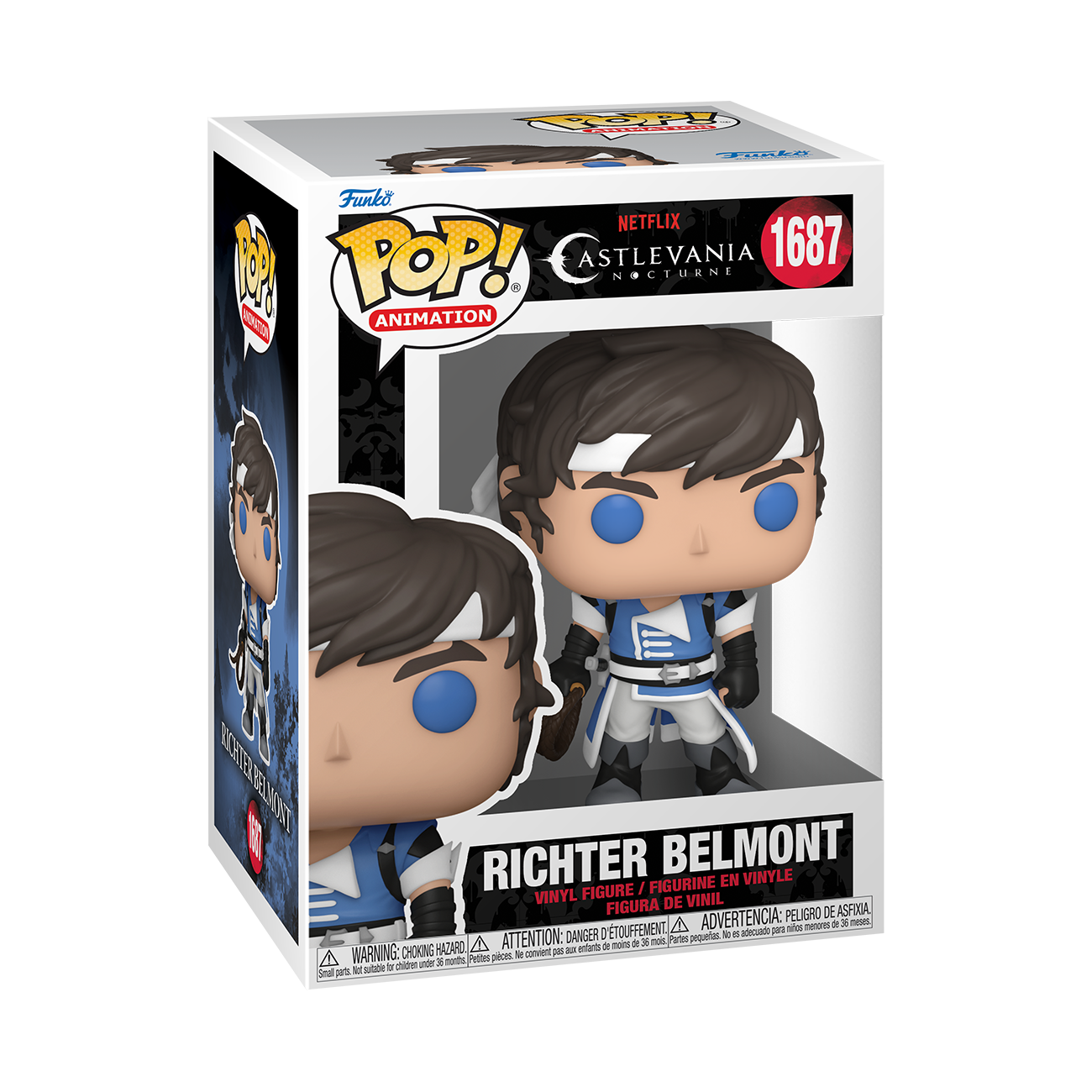Funko POP! Castlevania: Nocturne #1687 Richter Belmont na embalagem original, destacando a figura de Richter com detalhes autênticos, visíveis através de uma janela de plástico transparente.