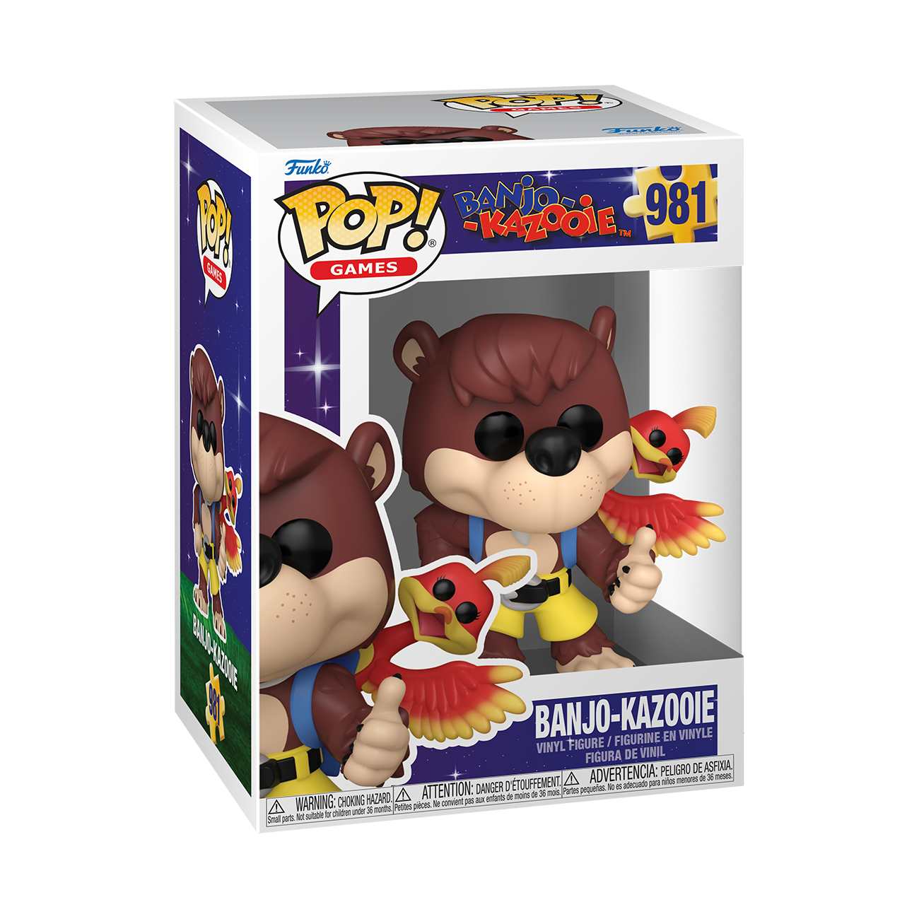 Funko POP! Games #981 Banjo-Kazooie na embalagem original, destacando a figura de Banjo e Kazooie com detalhes vibrantes, visíveis através de uma janela de plástico transparente.