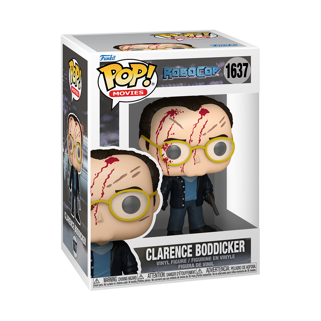 Funko POP! Robocop #1637 Clarence Boddicker na embalagem original, destacando a figura de Clarence Boddicker com detalhes autênticos, visíveis através de uma janela de plástico transparente.