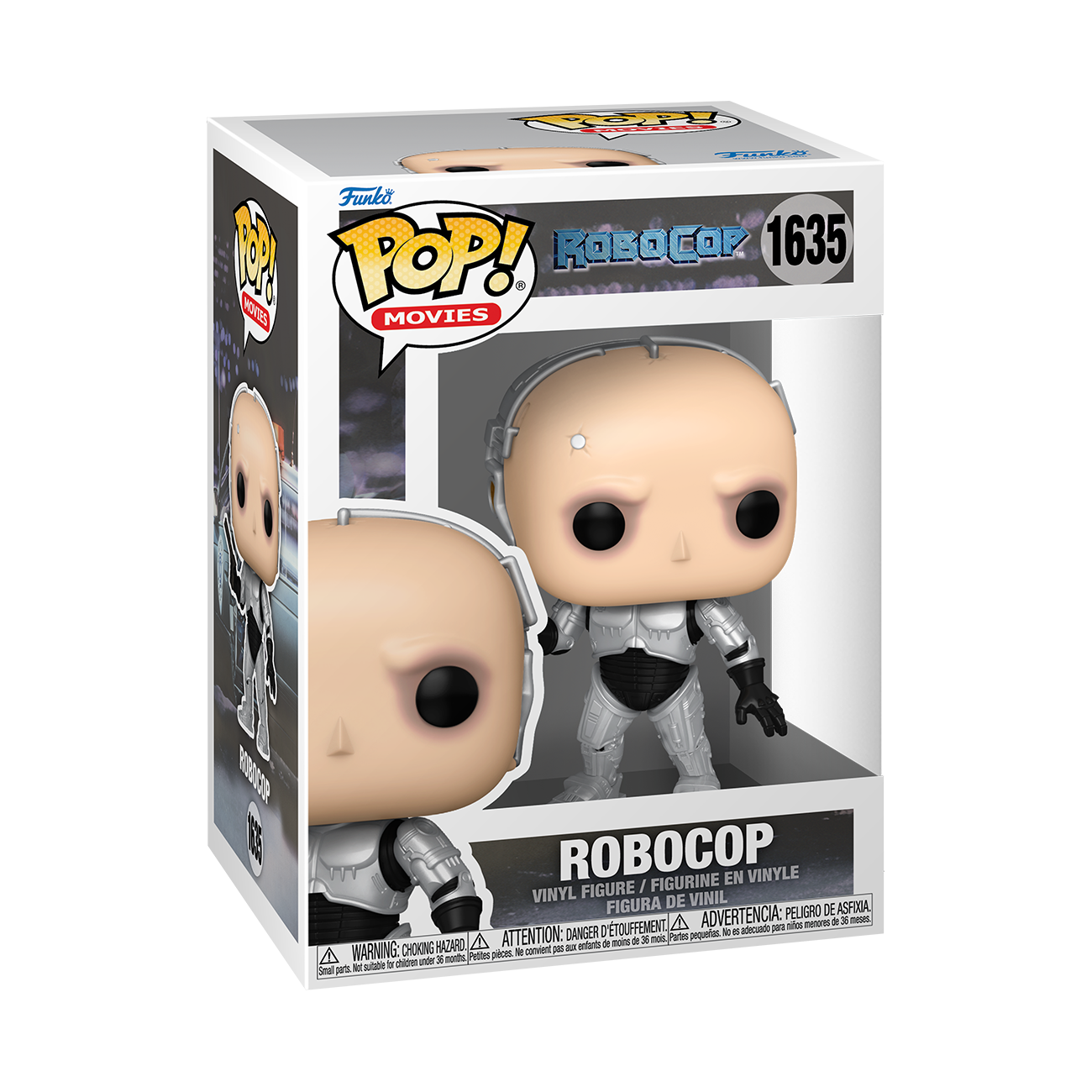 Funko POP! Robocop #1635 Robocop na embalagem original, destacando a figura de Robocop com detalhes autênticos, visíveis através de uma janela de plástico transparente.