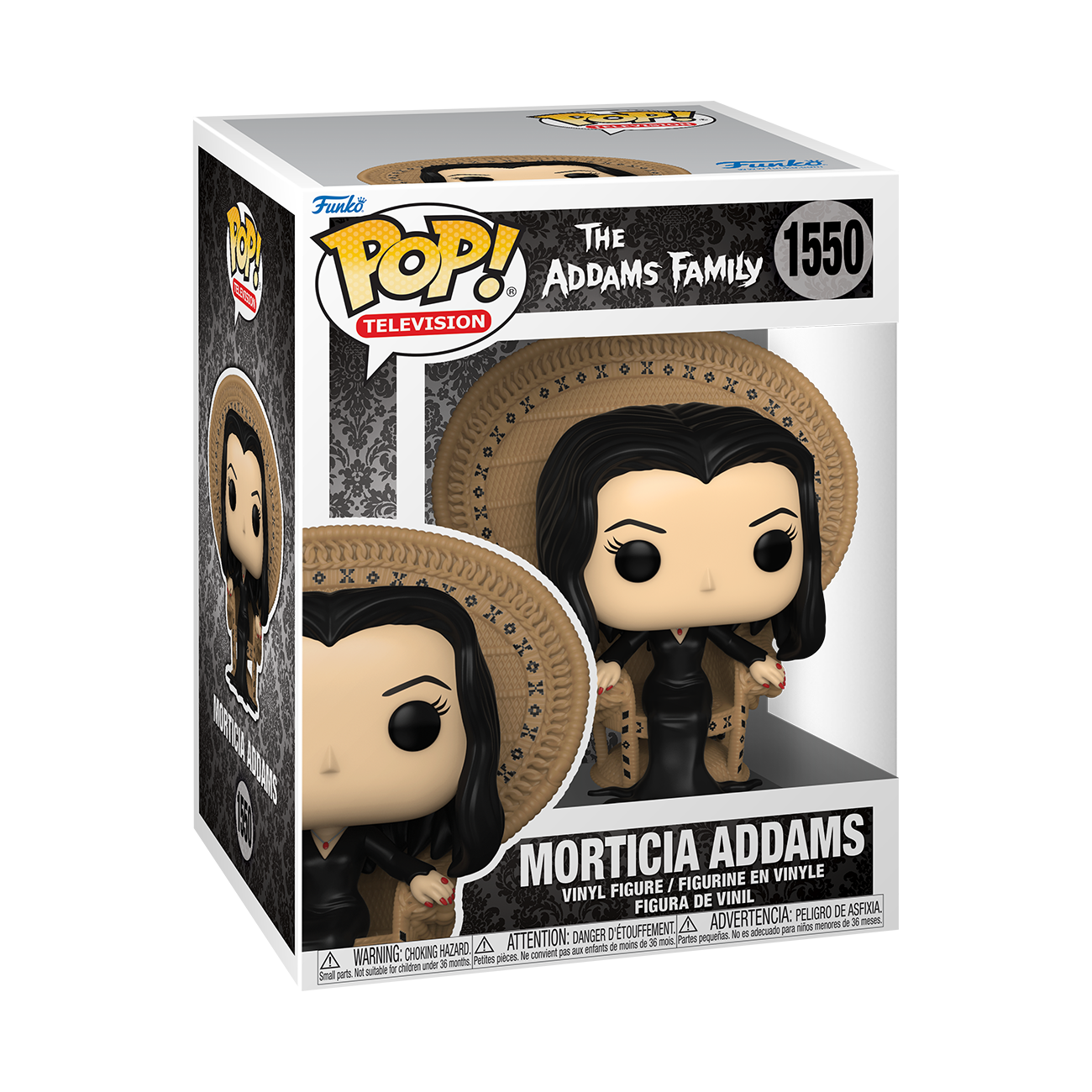 Funko POP! The Addams Family #1550 Morticia Addams na embalagem original, destacando a figura de Morticia reclinada na sua icônica cadeira de vime, visíveis através de uma janela de plástico transparente.