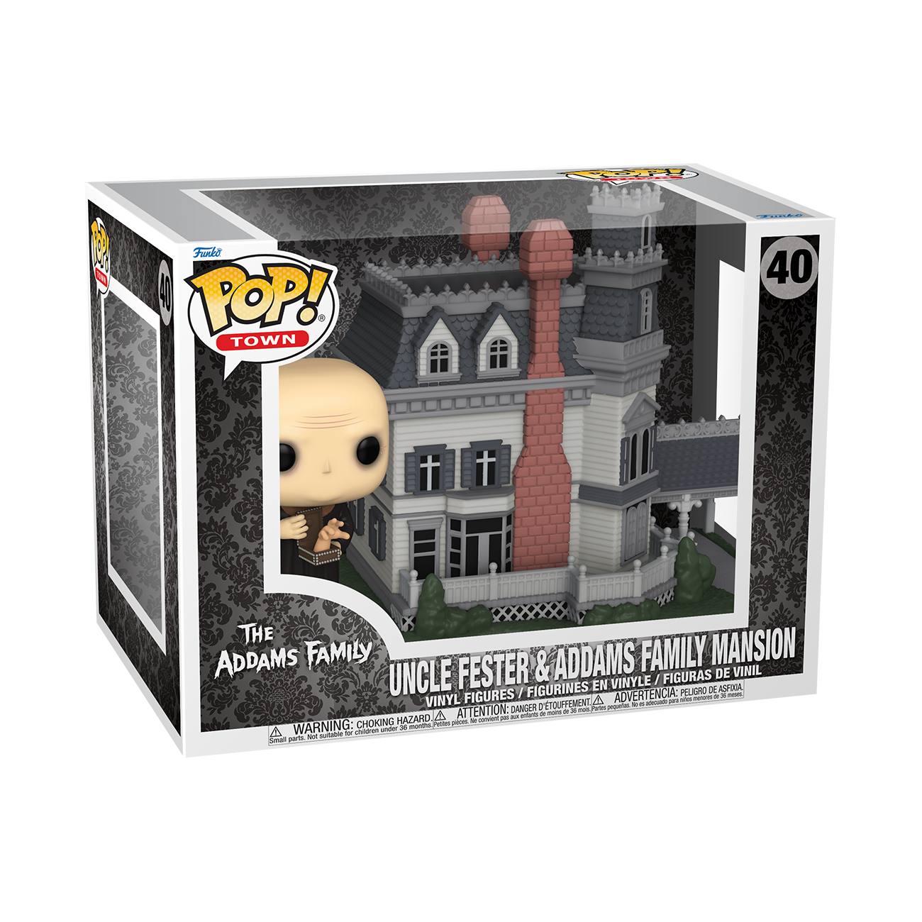 Funko POP! The Addams Family #40 Uncle Fester & Addams Family Mansion na embalagem original, destacando a figura de Uncle Fester segurando Thing e a icônica Mansão da Família Addams, visíveis através de uma janela de plástico transparente.