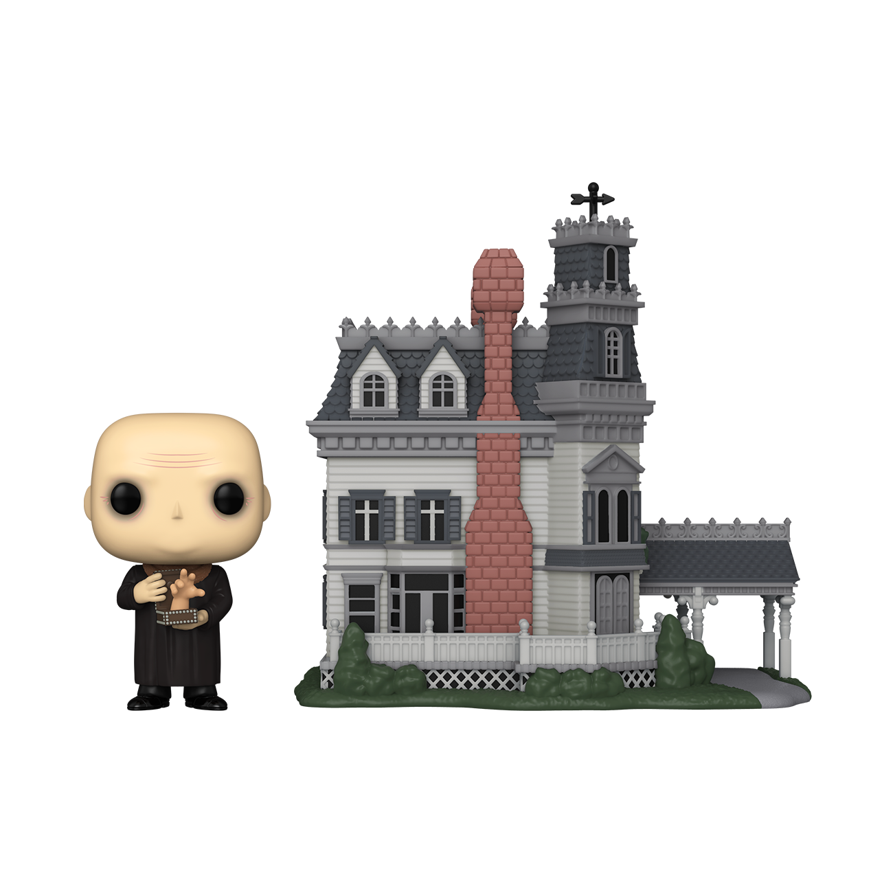 Funko POP! The Addams Family #40 Uncle Fester & Addams Family Mansion fora da embalagem, mostrando o design detalhado de Uncle Fester com Thing e a Mansão da Família Addams, prontos para serem exibidos na tua coleção de Funko POPs.