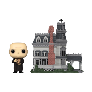 Funko POP! The Addams Family #40 Uncle Fester & Addams Family Mansion fora da embalagem, mostrando o design detalhado de Uncle Fester com Thing e a Mansão da Família Addams, prontos para serem exibidos na tua coleção de Funko POPs.
