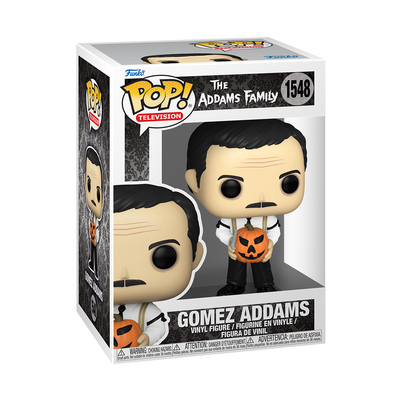 Funko POP! The Addams Family #1548 Gomez Addams na embalagem original, destacando a figura de Gomez com traje clássico e abóbora de Halloween, visíveis através de uma janela de plástico transparente.