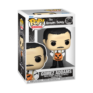 Funko POP! The Addams Family #1548 Gomez Addams na embalagem original, destacando a figura de Gomez com traje clássico e abóbora de Halloween, visíveis através de uma janela de plástico transparente.