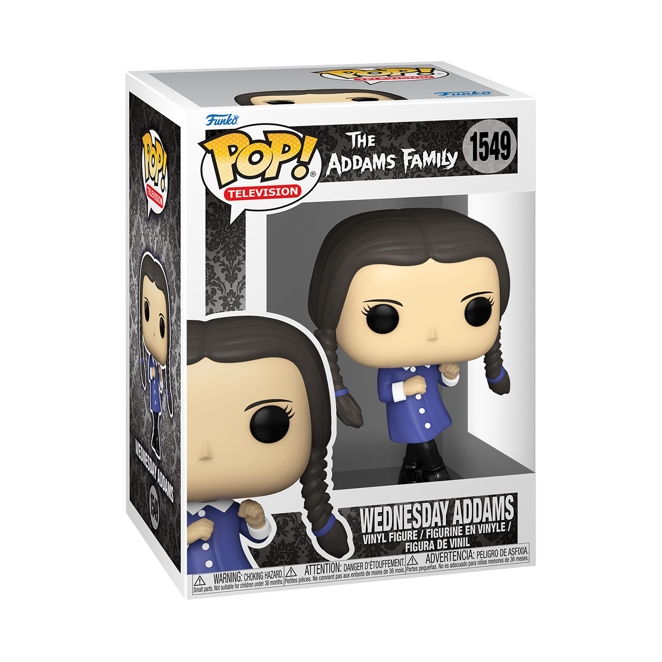 Funko POP! The Addams Family #1549 Wednesday Addams na embalagem original, destacando a figura de Wednesday com vestido clássico preto e em posição de dança, visíveis através de uma janela de plástico transparente.