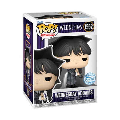 Funko POP! Wednesday #1552 Wednesday Addams na embalagem original, mostrando a figura de Wednesday em vestimenta preta e segurando um guarda-chuva, com o logotipo de Funko POP! visível.
