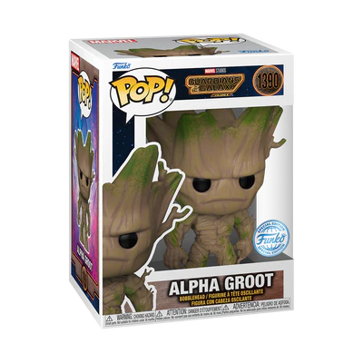 Funko POP! Marvel Guardians of the Galaxy Vol. 3 #1390 Alpha Groot na embalagem original, exibindo detalhes da caixa com o logotipo de Guardians of the Galaxy e a figura de Alpha Groot em pose de batalha.