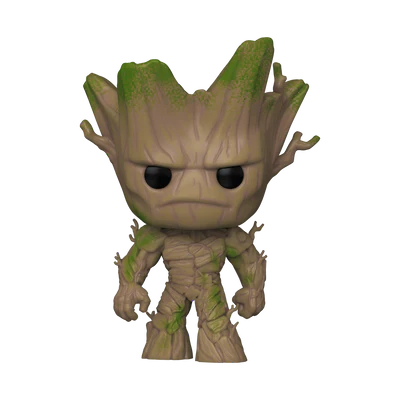 Funko POP! Marvel Guardians of the Galaxy Vol. 3 #1390 Alpha Groot fora da embalagem, mostrando Alpha Groot em uma pose dinâmica e detalhes texturizados que imitam casca de árvore, pronto para ação.