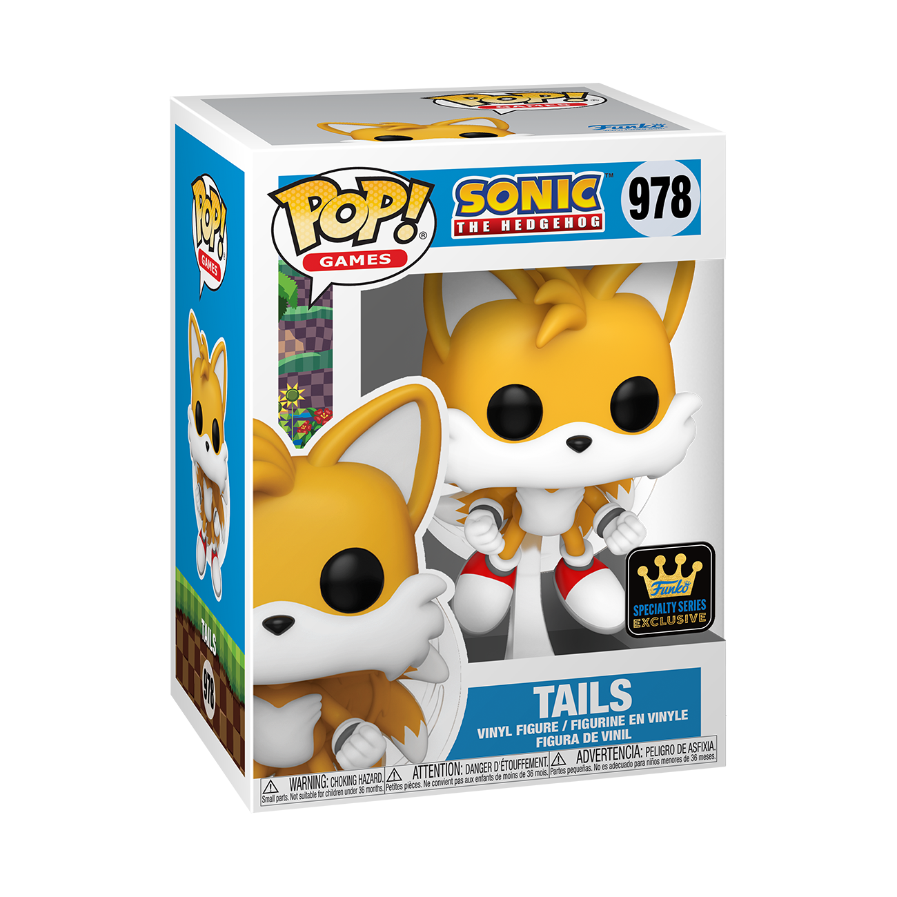 Funko POP! Sonic The Hedgehog #978 Tails Exclusivo na embalagem original, destacando a figura de Tails com detalhes autênticos, visíveis através de uma janela de plástico transparente.