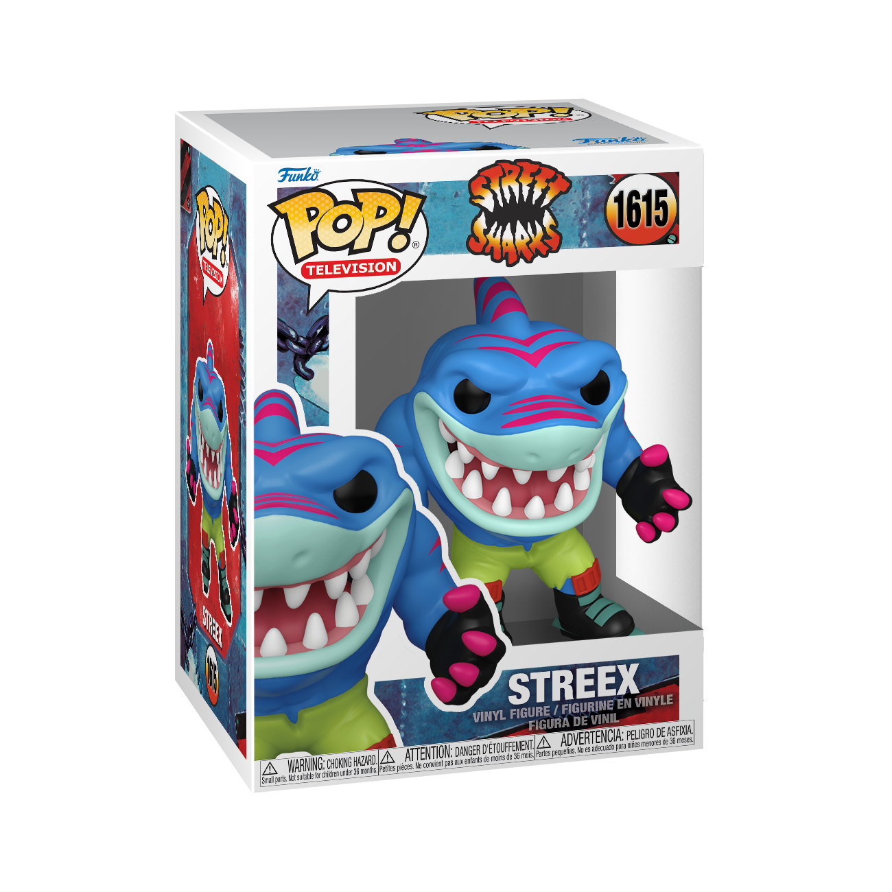 Funko POP! Street Sharks #1615 Streex na embalagem original, destacando a figura de Streex com seus patins e detalhes vibrantes, visíveis através de uma janela de plástico transparente.