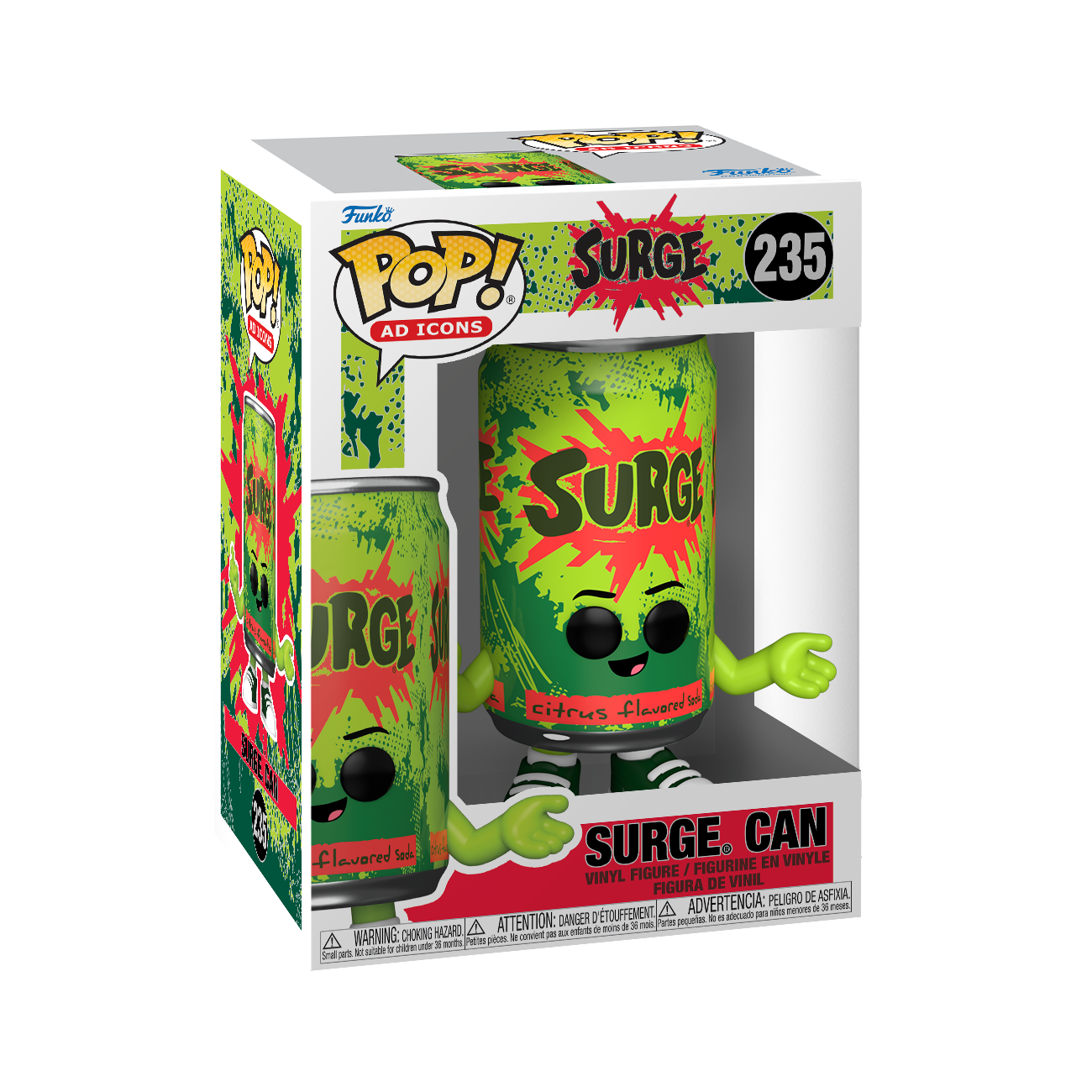 Funko POP! AD Icons #235 Surge Can na embalagem original, destacando a figura da lata de Surge com cores vibrantes e detalhes icónicos, visíveis através de uma janela de plástico transparente.