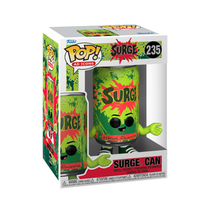 Funko POP! AD Icons #235 Surge Can na embalagem original, destacando a figura da lata de Surge com cores vibrantes e detalhes icónicos, visíveis através de uma janela de plástico transparente.