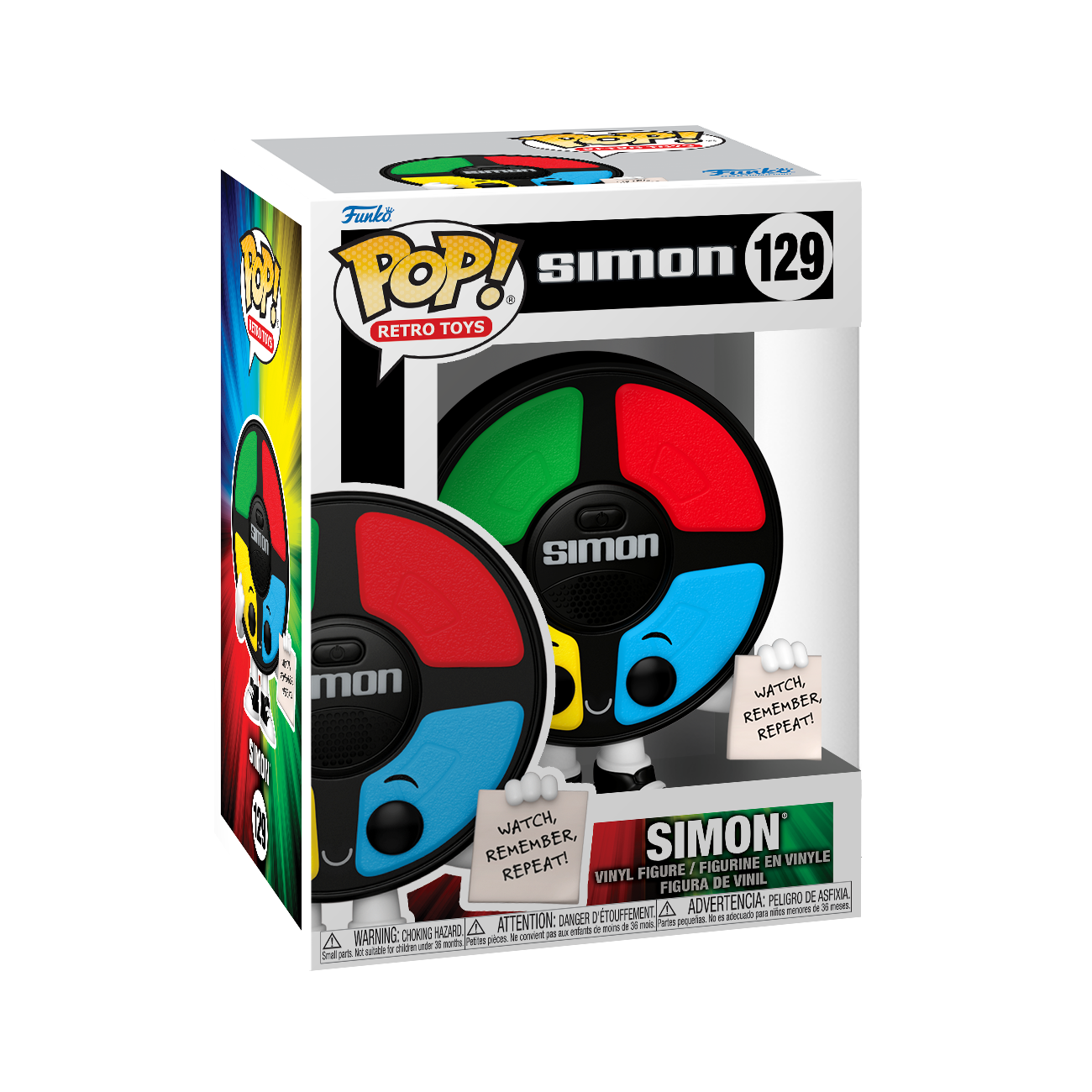Funko POP! Retro Toys #129 Simon na embalagem original, destacando a figura do jogo de memória Simon com cores vibrantes e botões característicos, visíveis através de uma janela de plástico transparente.