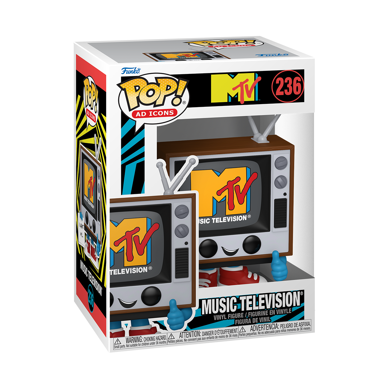 Funko POP! AD Icons #236 Music Television na embalagem original, destacando a figura da televisão com o logotipo de Music Television, visível através de uma janela de plástico transparente.
