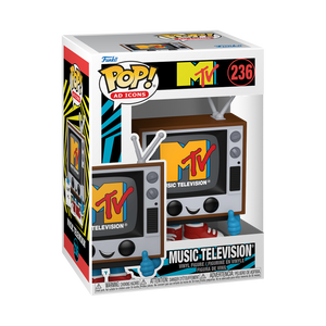 Funko POP! AD Icons #236 Music Television na embalagem original, destacando a figura da televisão com o logotipo de Music Television, visível através de uma janela de plástico transparente.