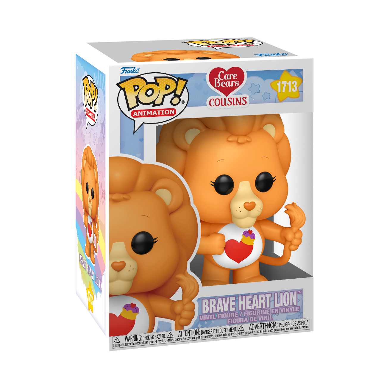 Funko POP! Care Bears Cousins #1713 Brave Heart Lion na embalagem original, destacando a figura de Brave Heart Lion com cores vibrantes e detalhes icónicos, visíveis através de uma janela de plástico transparente.