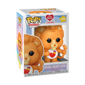 Funko POP! Care Bears Cousins #1713 Brave Heart Lion na embalagem original, destacando a figura de Brave Heart Lion com cores vibrantes e detalhes icónicos, visíveis através de uma janela de plástico transparente.