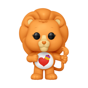Funko POP! Care Bears Cousins #1713 Brave Heart Lion fora da embalagem, mostrando o design clássico de Brave Heart Lion com símbolo no peito e cores vibrantes, pronto para ser exibido na tua coleção de Funko POPs.