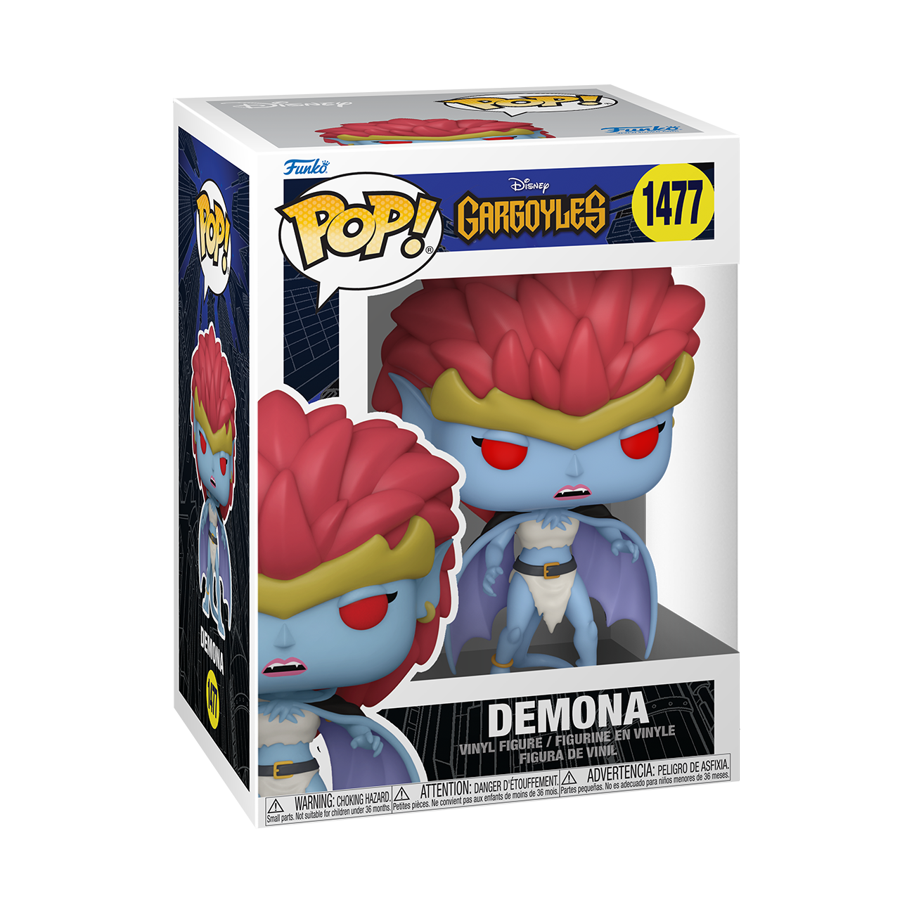 Funko POP! Gargoyles #1477 Demona na embalagem original, destacando a figura de Demona com asas impressionantes e detalhes icónicos, visíveis através de uma janela de plástico transparente.