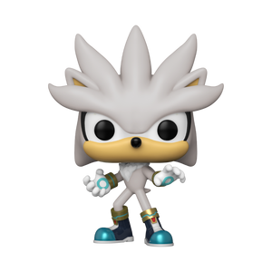 Funko POP! Sonic The Hedgehog #633 Silver fora da caixa, mostrando os detalhes de Silver the Hedgehog com acabamento prateado.