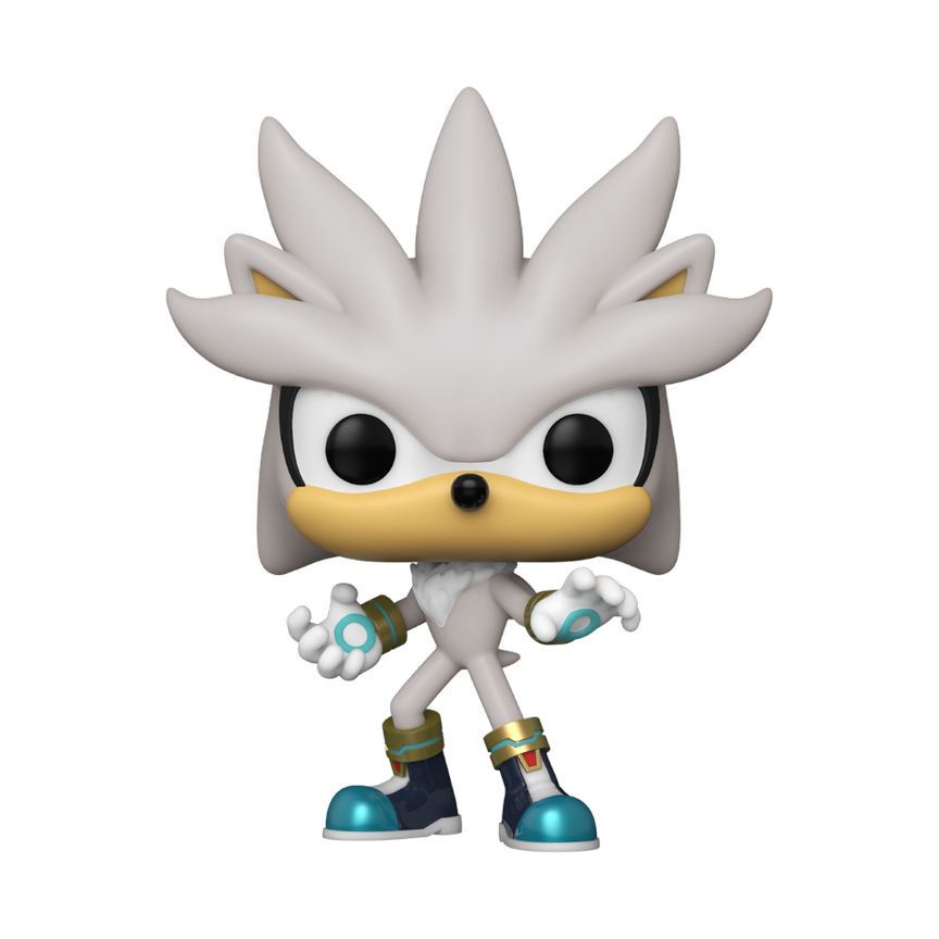 Funko POP! Sonic The Hedgehog #633 Silver fora da caixa, mostrando os detalhes de Silver the Hedgehog com acabamento prateado.