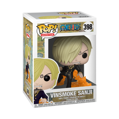 Funko POP! One Piece #398 Vinsmoke Sanji na embalagem original, destacando a figura de Sanji com fato elegante e pose característica, visíveis através de uma janela de plástico transparente.