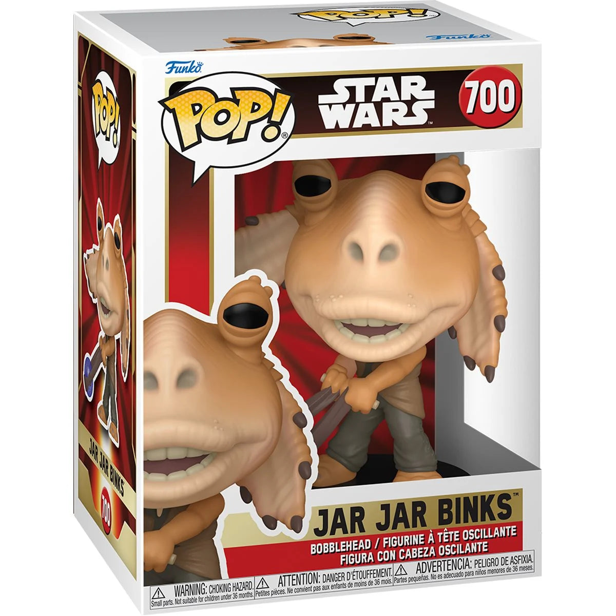Funko POP! Star Wars: Episode I – The Phantom Menace #700 Jar Jar Binks na embalagem original, destacando a figura de Jar Jar Binks com Booma Balls, visíveis através de uma janela de plástico transparente.