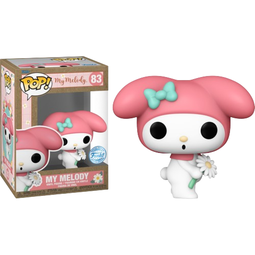 Funko POP! Sanrio #83 My Melody (Spring Time) Exclusivo na embalagem original, destacando a figura de My Melody com uma flor vibrante, visíveis através de uma janela de plástico transparente.