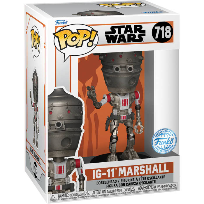 Funko POP! Star Wars: The Mandalorian #718 IG-11 Marshall na embalagem original, destacando a figura de IG-11 com armas e armadura de droid, visíveis através de uma janela de plástico transparente.