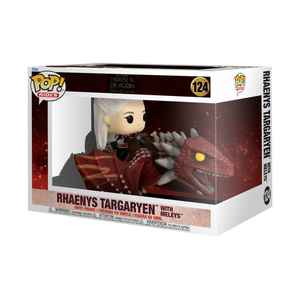 Funko POP! House of the Dragon #124 Rhaenys Targaryen with Meleys dentro da caixa original, com design e embalagem temática de House of the Dragon